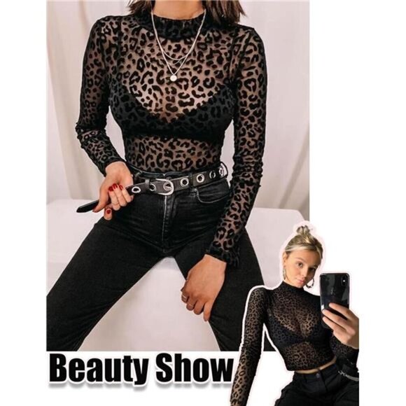 Mesh Top for Women Long Sleeve Mock Neck Black Leopard Pattern - Picture 4 of 6